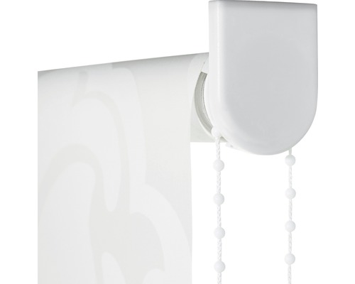 Detaljvy av en vit rullgardin med sidodrag