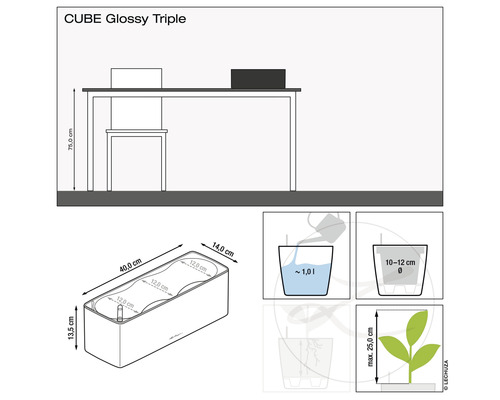 Teknisk ritning av blomlådan Cube Glossy Triple med mått och fyllningsinstruktioner.
