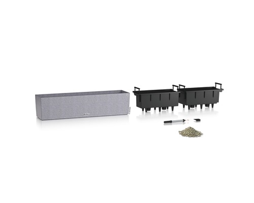 Planteringslåda med insatser, vattennivåindikator och dränering.