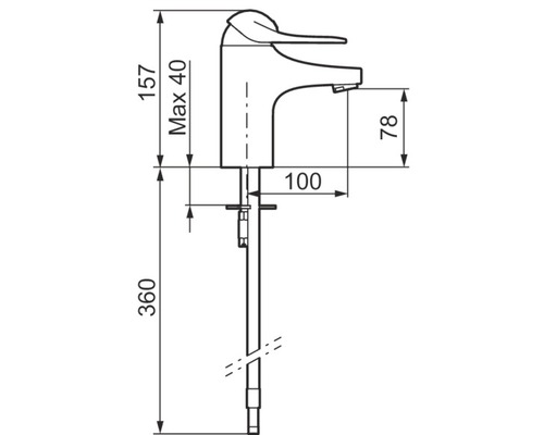 Teknisk ritning av en armatur med måttangivelser.