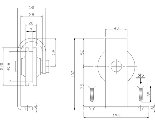 Teknisk ritning av dörrhjulbeslag med måttangivelser