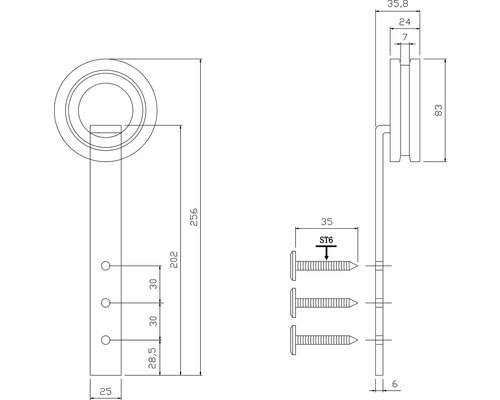 Teknisk ritning av en dörrknackare med mått och fästskruvar.