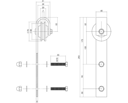 Teknisk ritning av dörrbeslag med mått.