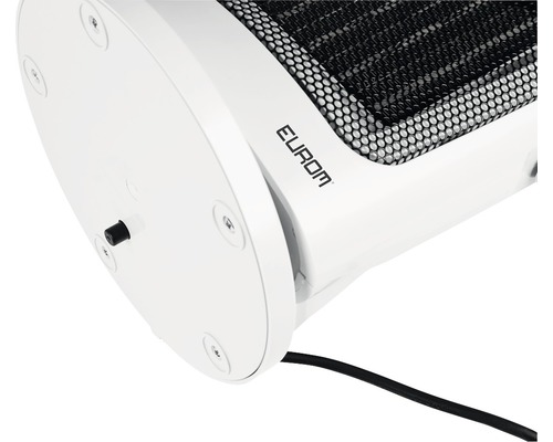 Detaljvy av en värmebas med Eurom-logotypen.