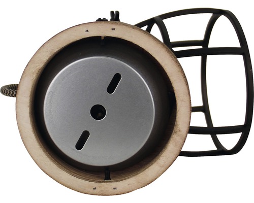 Detaljvy av en lampa med träring och metallgaller