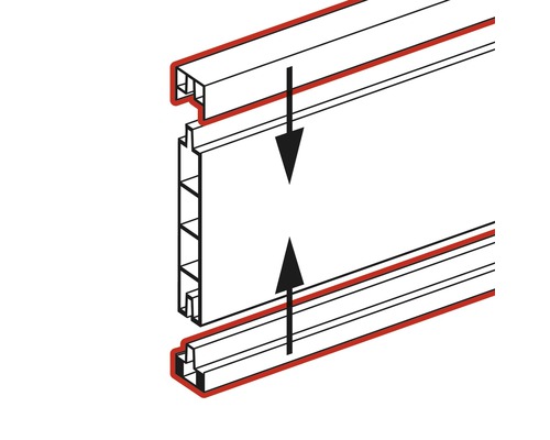 Illustration av montering av fjäder- och spårförband med pilar