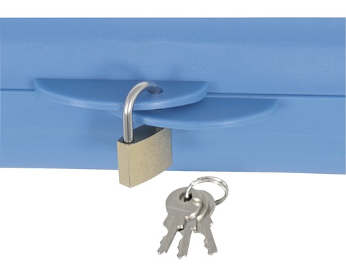 Blå verktygslåda med lås och nycklar