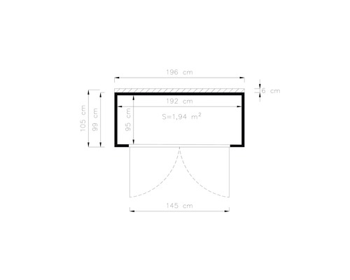 Planritning med mått: 196 cm bred, 105 cm hög, 1.94 kvadratmeter yta