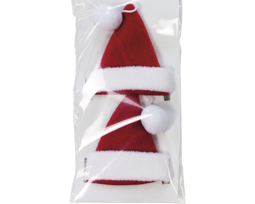 Två röda tomteluvor med vit fuskpäls i en transparent förpackning.
