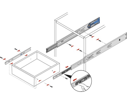 Illustration av ett lådskenor med monteringsanvisningar.