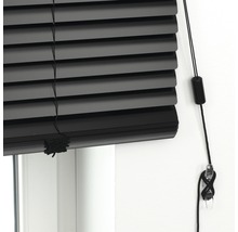 Detalj av en svart persienn på fönstret med manöverlina