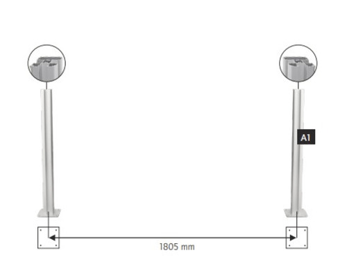 Illustration av två metallstolpar med ett avstånd på 1805 millimeter.