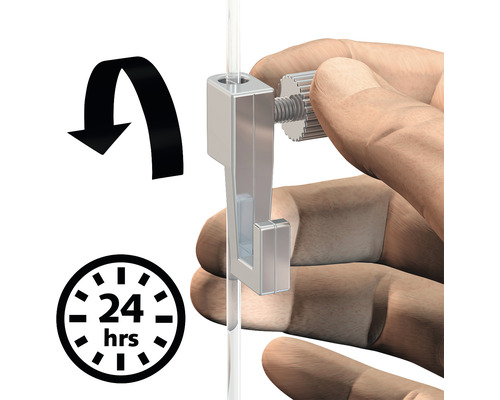 Närbild av bildhängningssystem med rotationspil och 24-timmars symbol