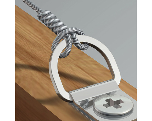 Detaljvy av en tavelupphängning med D-ring, skruv och ståltråd