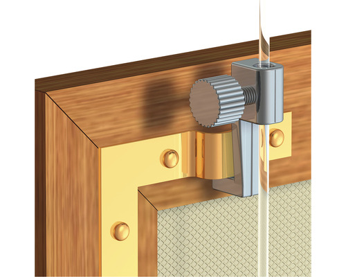 Detalj av glasdörrsfäste med skruv på en träram