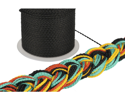 Svart nylonsnöre på en rulle och en flätad tråd med flera färger