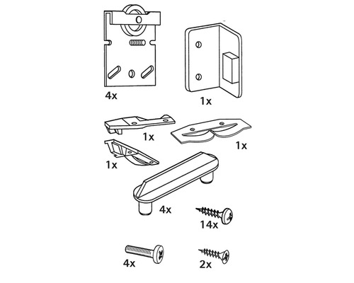 Illustration av ett beslagsset med rullar, vinklar, handtag och skruvar i olika antal