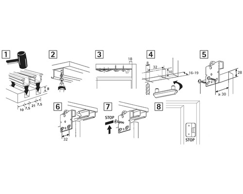 Instruktioner för montering av en skjutdörr, illustrerad i åtta steg