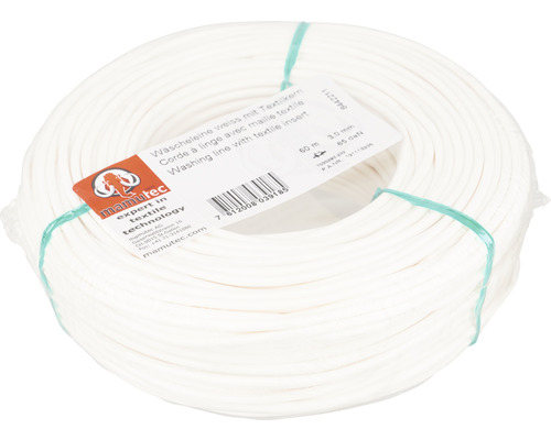 Vit tvättlina med textil kärna, 60 meter lång