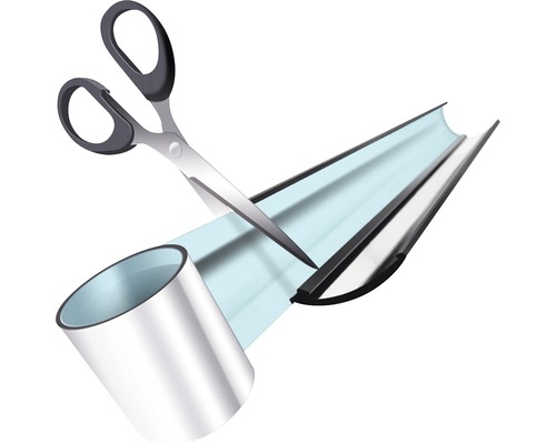 Illustration av en sax som klipper en tätning, bredvid en rulle tätningstejp.