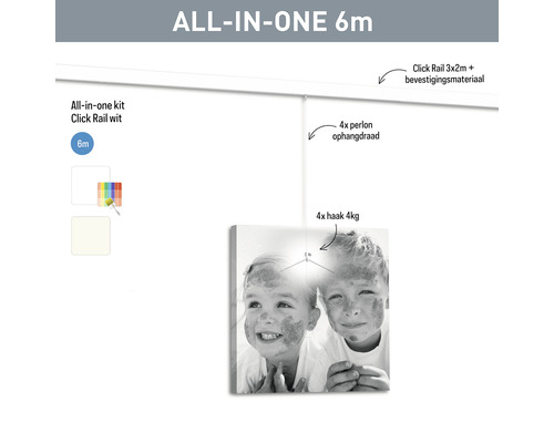 Komplett set för att hänga upp tavlor med skena, perlonlinor och krokar