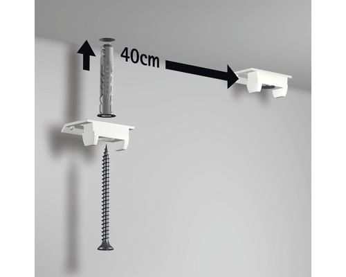 Monteringsanvisning för ett fästelement med plugg, skruv och ett avstånd på 40 centimeter