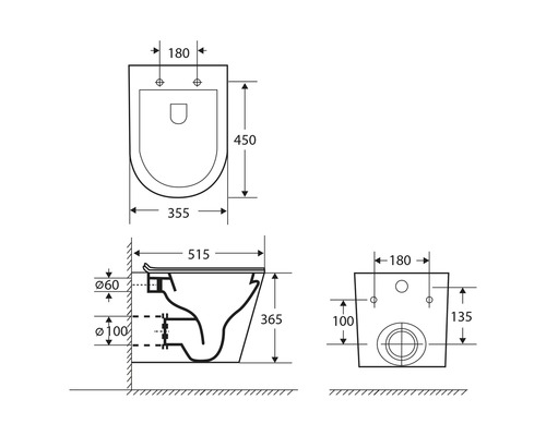 Teknisk ritning av en vägghängd toalett med mått