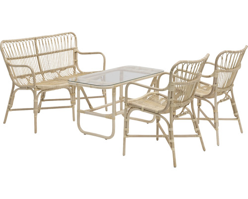 Sittgrupp i rotting med bänk, bord och stolar för utomhusbruk