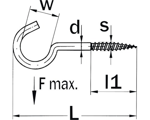 Teknisk ritning av en krok med gänga och måttangivelser
