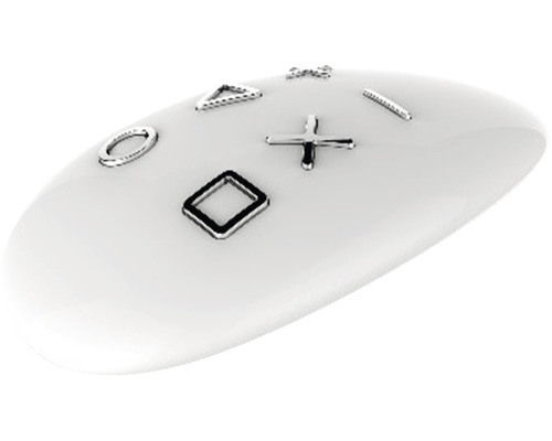 Närbild av en vit yta med applicerade symboler: cirkel, triangel, kvadrat, kors och linje.