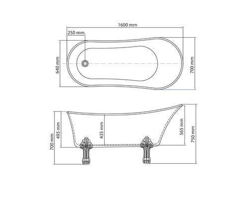 Måttsatt ritning av ett badkar med fötter, mått i millimeter