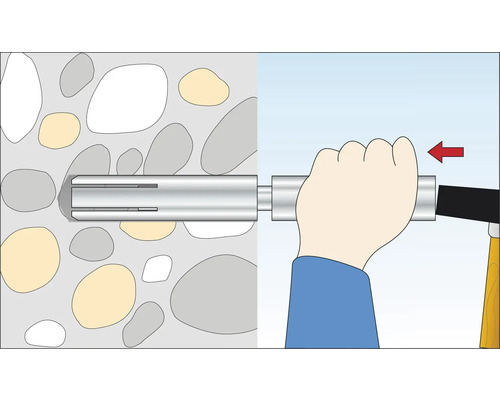 Illustration av en plugg som slås in i en stenmur med en hammare
