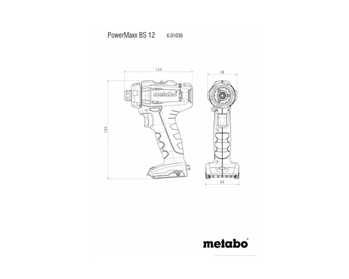 Teknisk ritning av Metabo PowerMaxx BS 12 sladdlös borrmaskin med måttangivelser