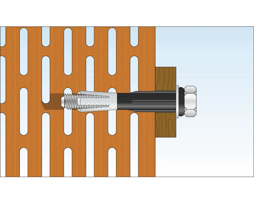 Illustration av ett expanderande pluggfäste på en perforerad plåt