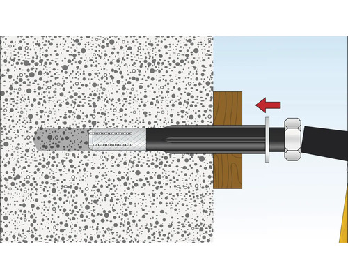 Illustration av en rörgenomföring genom en betongvägg med isolering och dragankare