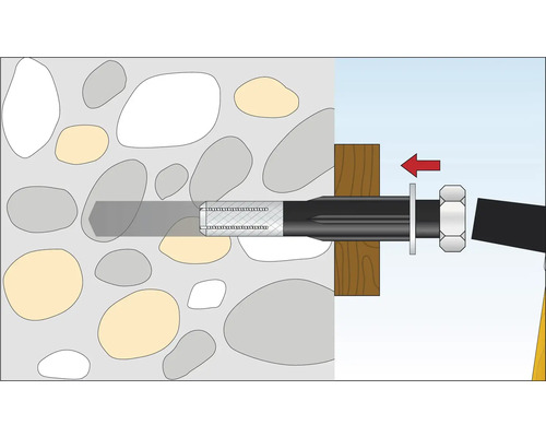 Illustration av en bult i en betongvägg för att fästa en träbit