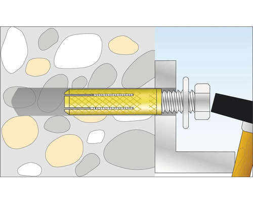 Illustration av en mässingshylsa i en stenvägg med skruv