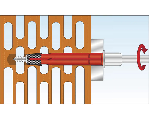 Illustration av en plugg med skruv för fastsättning i perforerad tegelsten