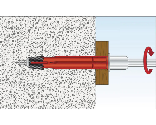 Illustration av en pluggmontering i en vägg med skruv.