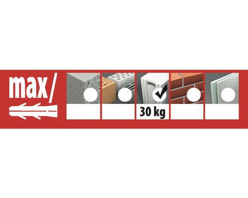 Lämplig för betong, hålsten, hålblock, massiv sten, tegel och gipsskivor med en maximal belastning på 30 kg