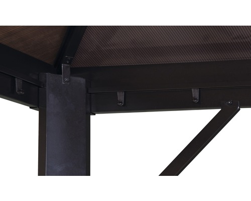 Detaljvy av en paviljongkonstruktion med balkar och tak