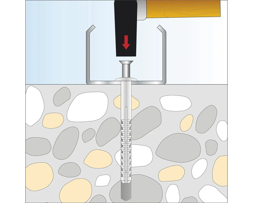Illustration av ett bultankare som fästs i sten med en hammare och ett sättverktyg