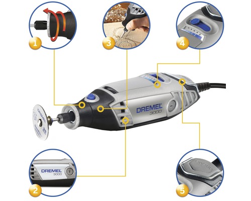 Dremel 3000 multiverktyg med olika tillbehör och detaljvyer
