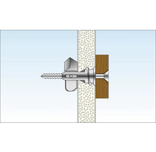 Illustration av en metallskruv med vipplugg och träbit i en vägg