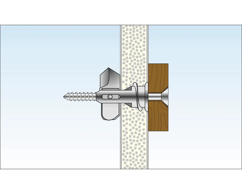 Illustration av en metallskruv med vipplugg och träbit i en vägg
