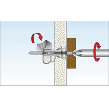 Illustration av en installation av ihålig väggplugg med skruv och rotationsrörelse