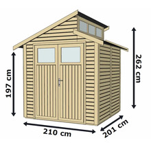 Bild på ett trädgårdsskjul med måtten: höjd 262 cm, bredd 210 cm, djup 201 cm.