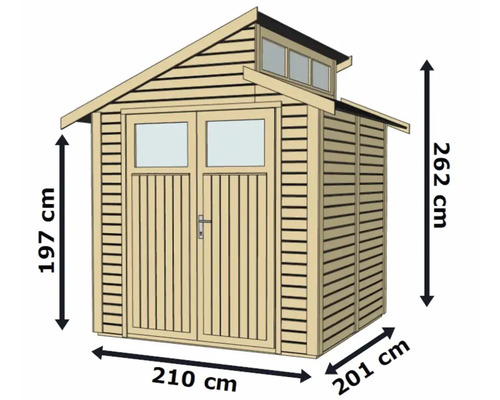 Bild på ett trädgårdsskjul med måtten: höjd 262 cm, bredd 210 cm, djup 201 cm.