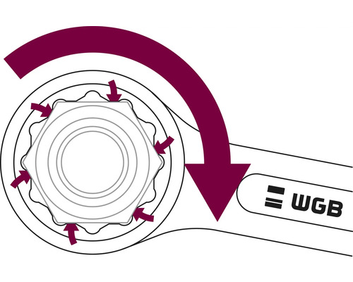 Illustration av en skiftnyckel med rotationsriktningspil och WGB logotyp