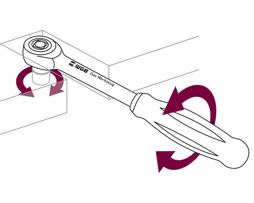 Illustration av en spärrnyckel i aktion med WGB Das Werkzeug-logotypen.